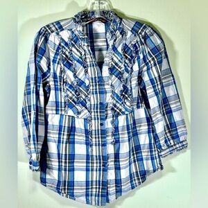 Women's Three - Quarter Ruffled Front Button Down Plaid Blouse